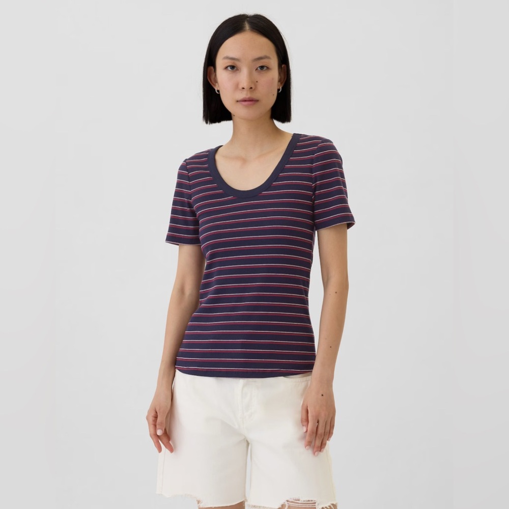 🆕 GAP Women’s Rib Ribbed Scoop Neck Short Sleeve T-Shirt Red White Blue XLarge